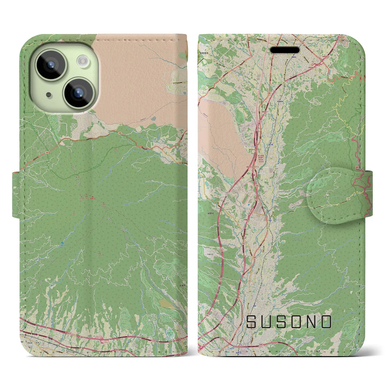 【裾野(静岡県)】地図柄iPhoneケース(手帳タイプ)ナチュラル・iPhone 15 用