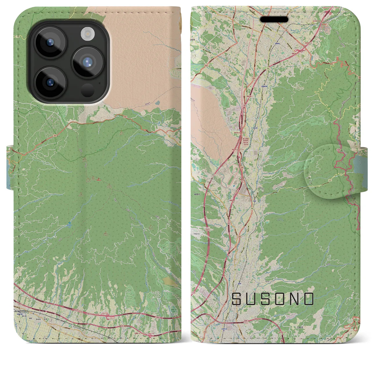 【裾野(静岡県)】地図柄iPhoneケース(手帳タイプ)ナチュラル・iPhone 15 Pro Max 用