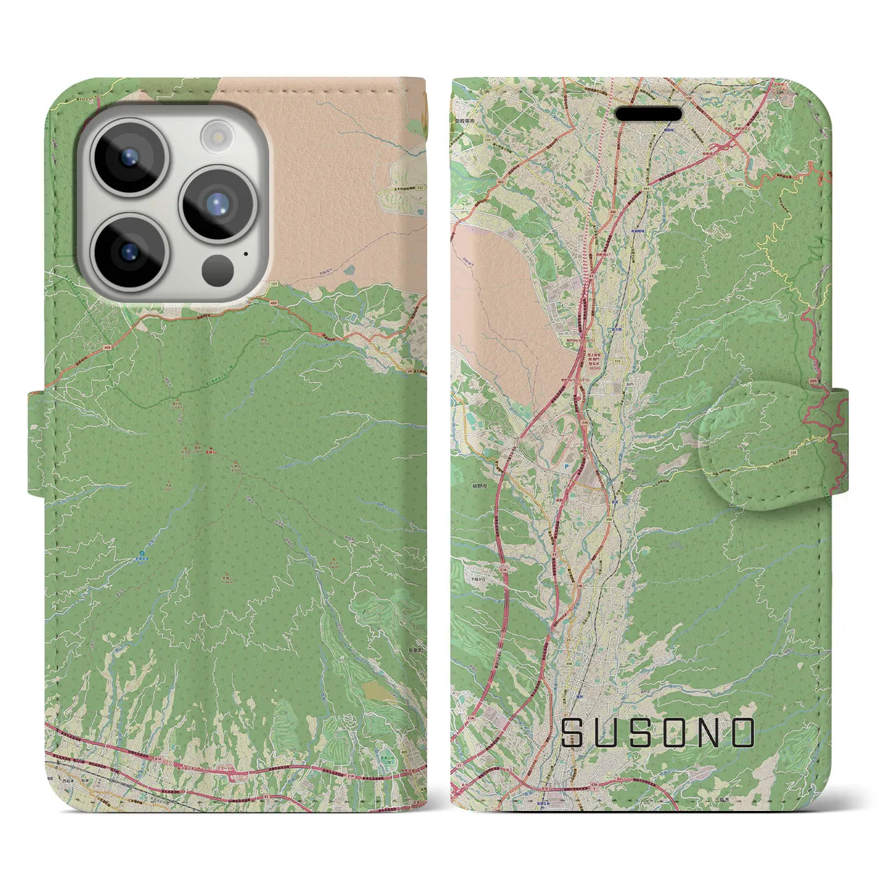 【裾野(静岡県)】地図柄iPhoneケース(手帳タイプ)ナチュラル・iPhone 15 Pro 用