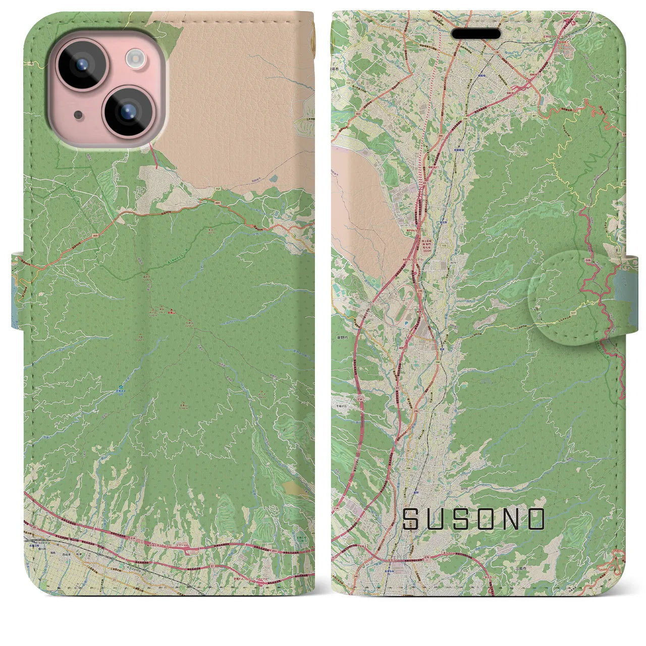 【裾野(静岡県)】地図柄iPhoneケース(手帳タイプ)ナチュラル・iPhone 15 Plus 用