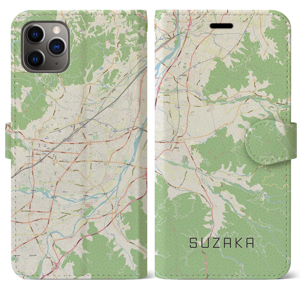 【須坂(長野県)】地図柄iPhoneケース(手帳タイプ)ナチュラル・iPhone 11 Pro Max 用
