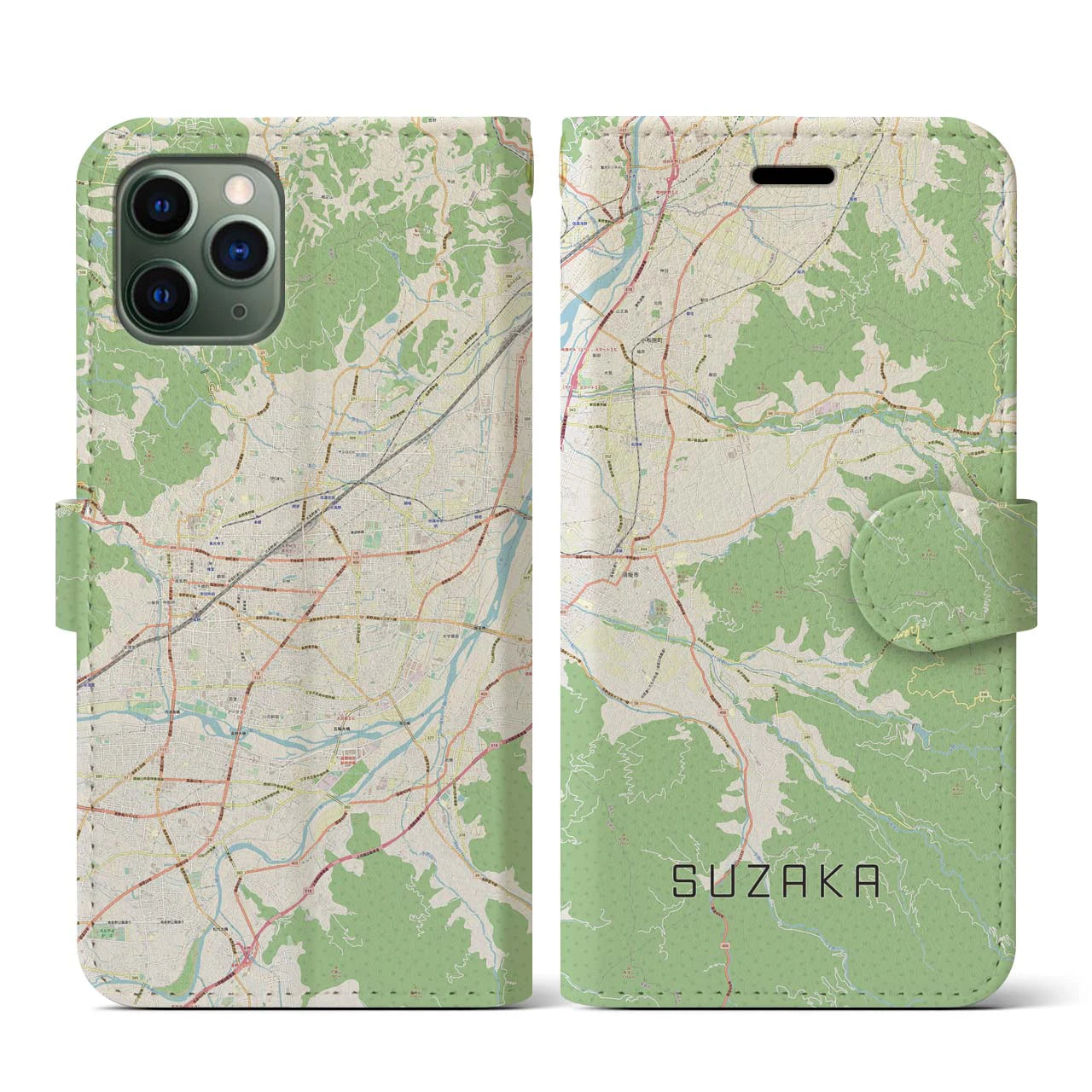【須坂(長野県)】地図柄iPhoneケース(手帳タイプ)ナチュラル・iPhone 11 Pro 用