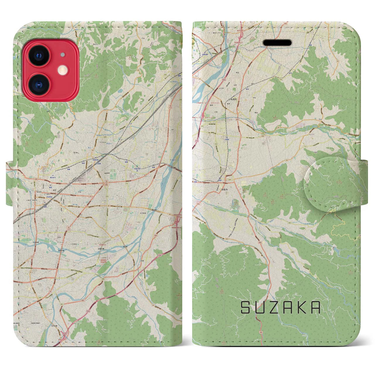 【須坂(長野県)】地図柄iPhoneケース(手帳タイプ)ナチュラル・iPhone 11 用