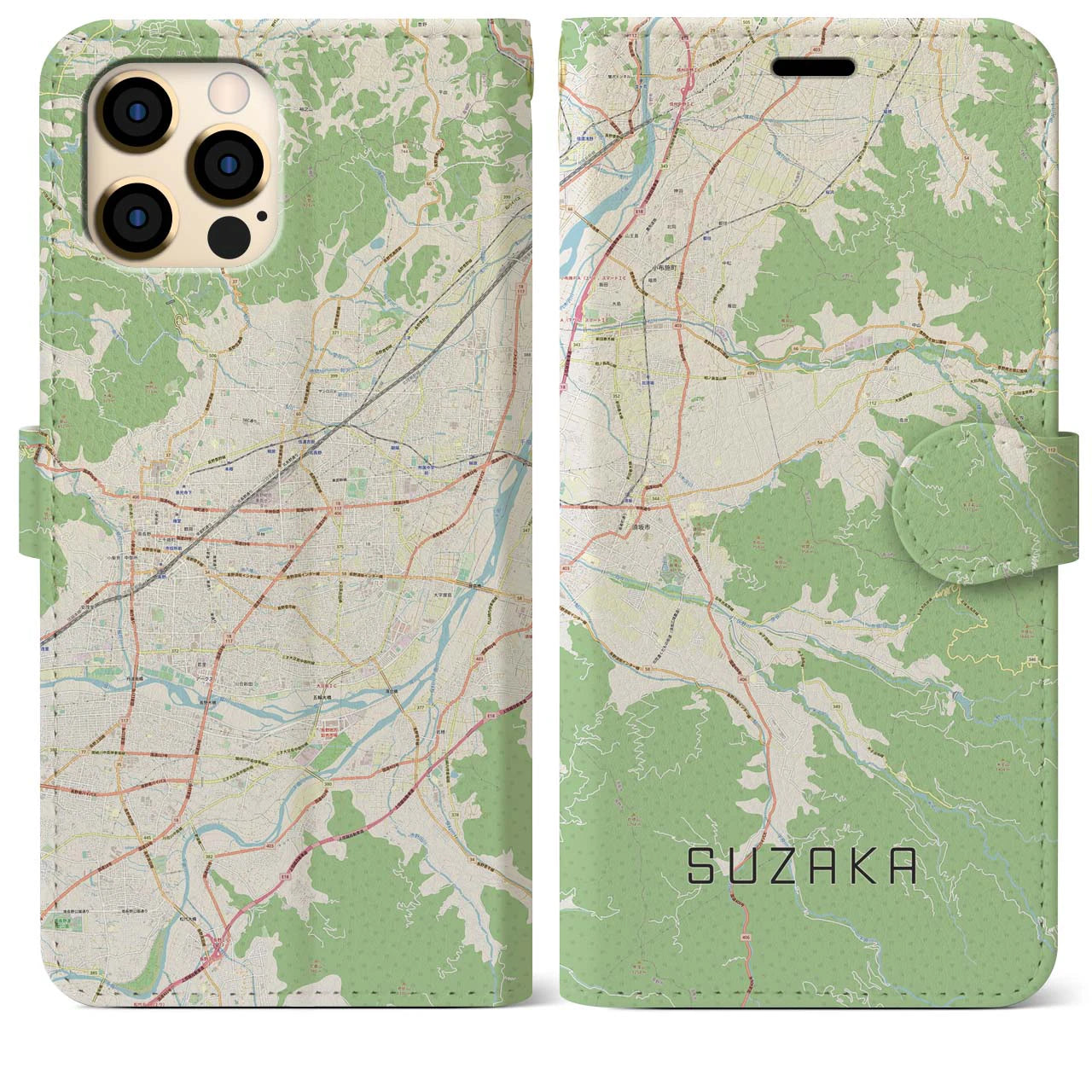 【須坂(長野県)】地図柄iPhoneケース(手帳タイプ)ナチュラル・iPhone 12 Pro Max 用