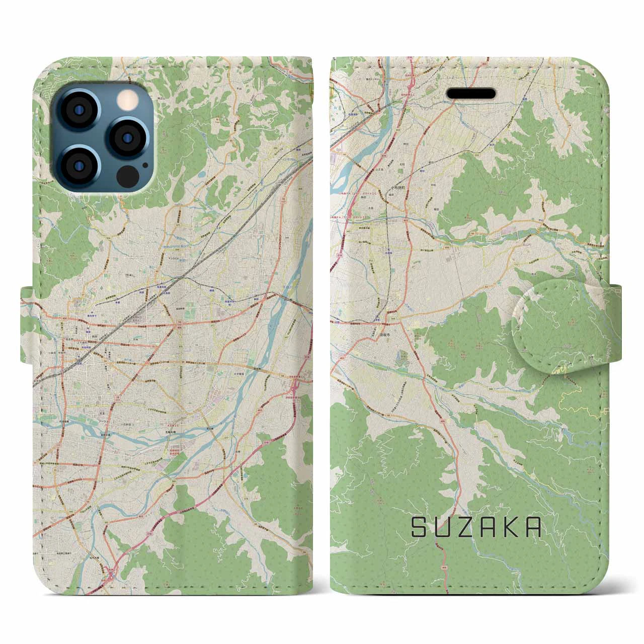 【須坂(長野県)】地図柄iPhoneケース(手帳タイプ)ナチュラル・iPhone 12 / 12 Pro 用