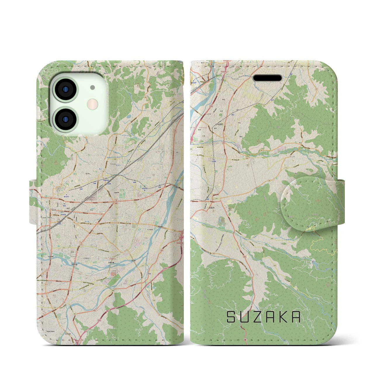 【須坂(長野県)】地図柄iPhoneケース(手帳タイプ)ナチュラル・iPhone 12 mini 用
