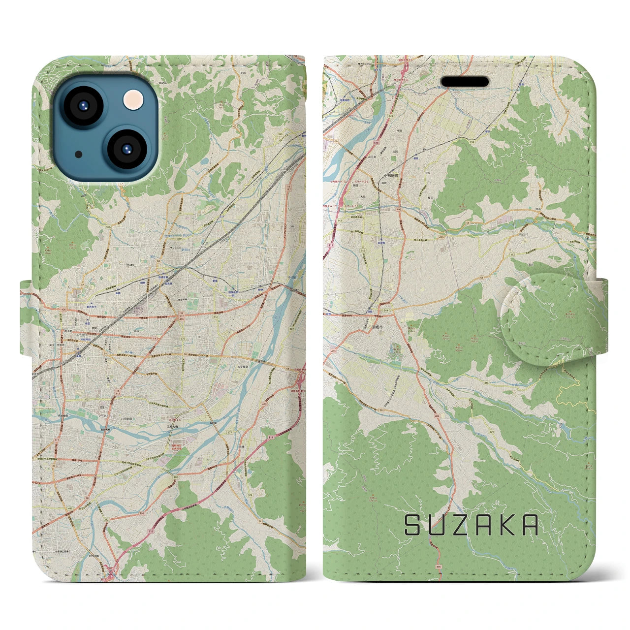 【須坂(長野県)】地図柄iPhoneケース(手帳タイプ)ナチュラル・iPhone 13 用