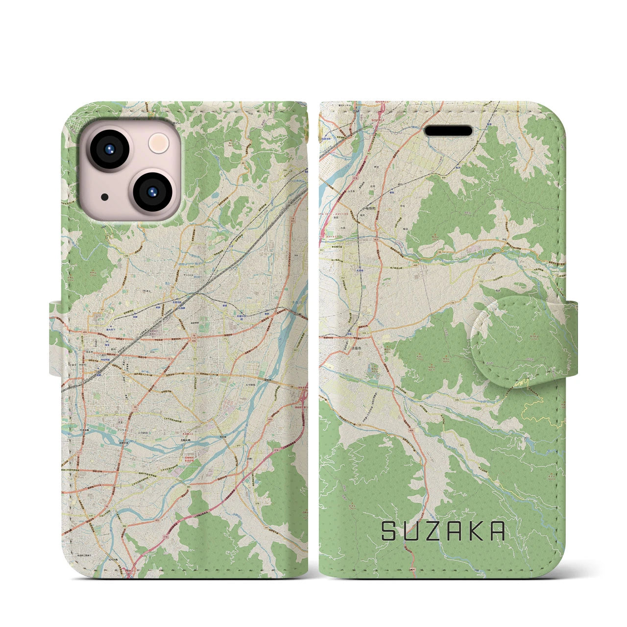 【須坂(長野県)】地図柄iPhoneケース(手帳タイプ)ナチュラル・iPhone 13 mini 用