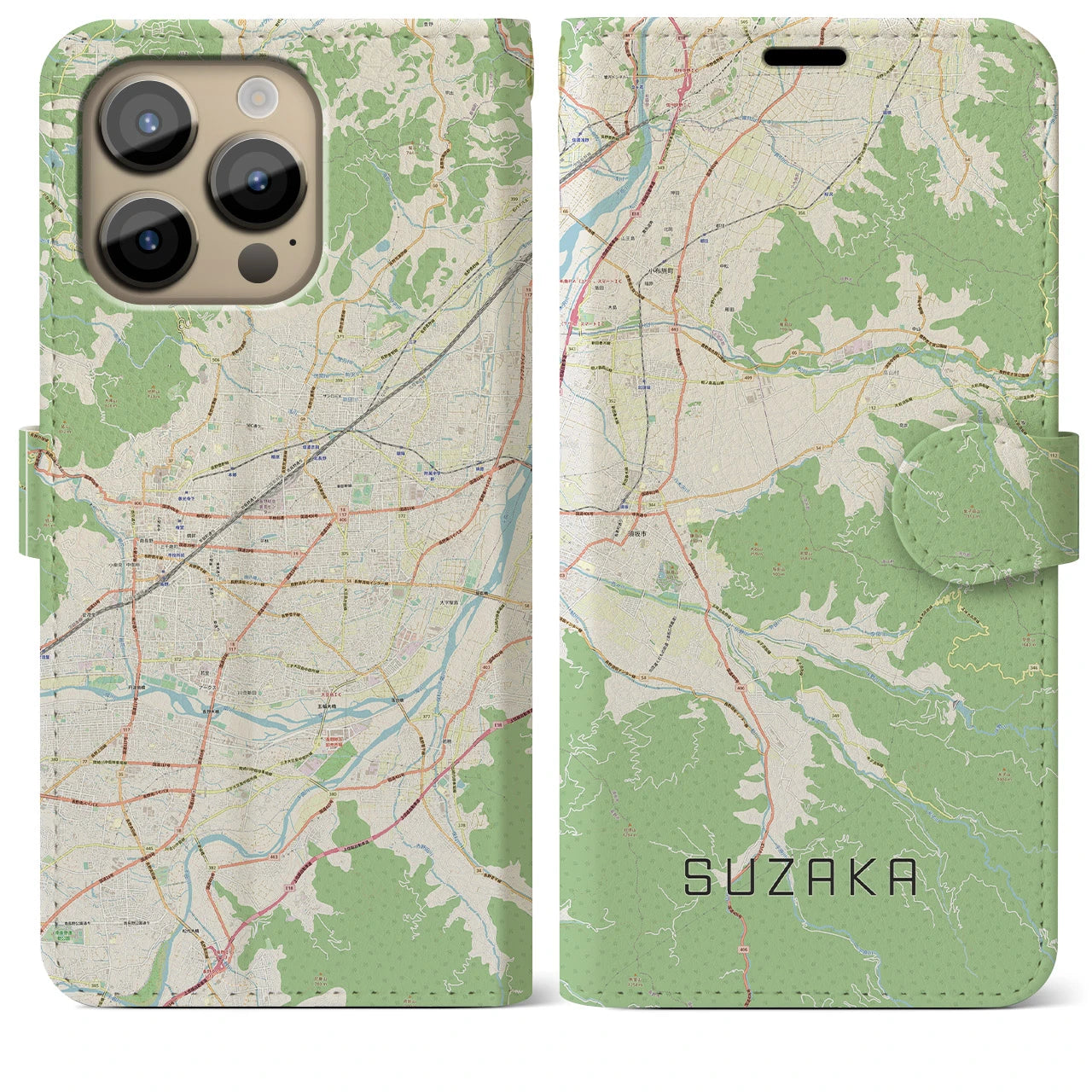 【須坂(長野県)】地図柄iPhoneケース(手帳タイプ)ナチュラル・iPhone 14 Pro Max 用