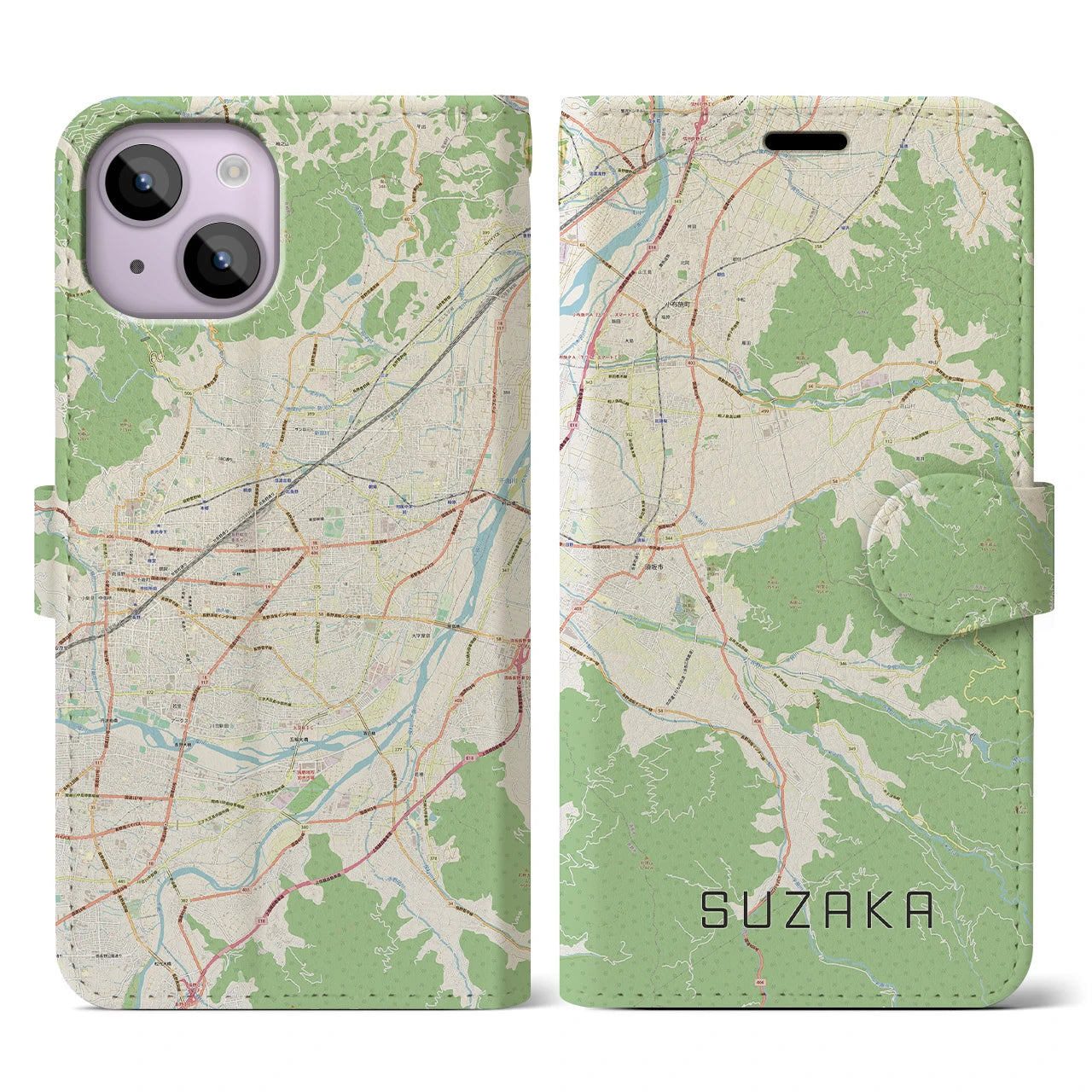 【須坂(長野県)】地図柄iPhoneケース(手帳タイプ)ナチュラル・iPhone 14 用