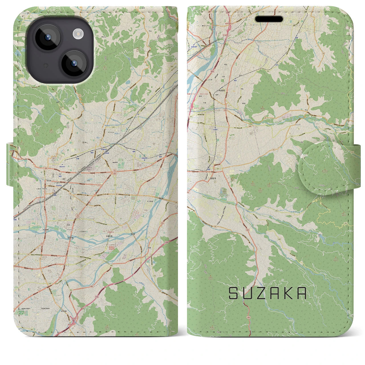 【須坂(長野県)】地図柄iPhoneケース(手帳タイプ)ナチュラル・iPhone 14 Plus 用