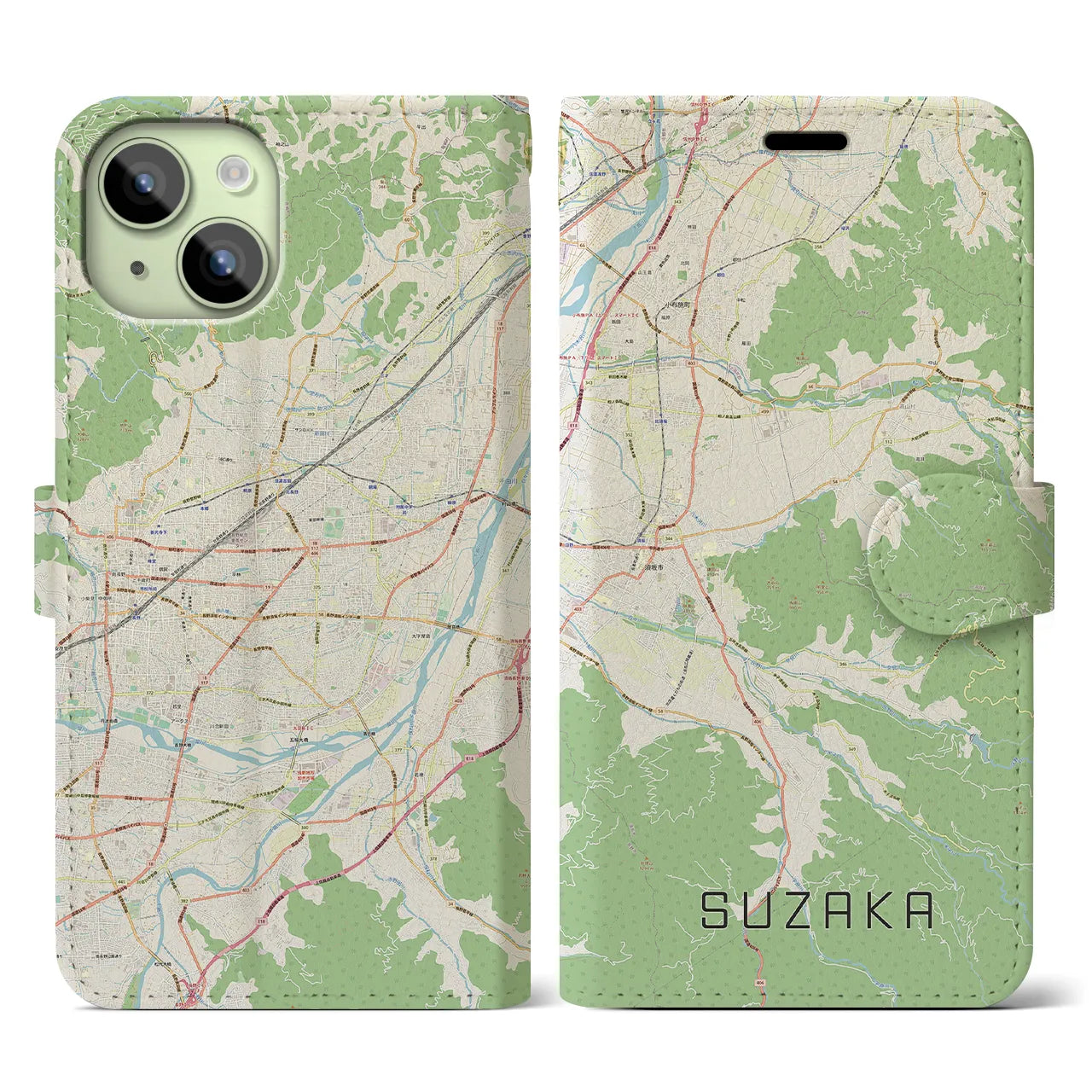 【須坂(長野県)】地図柄iPhoneケース(手帳タイプ)ナチュラル・iPhone 15 用