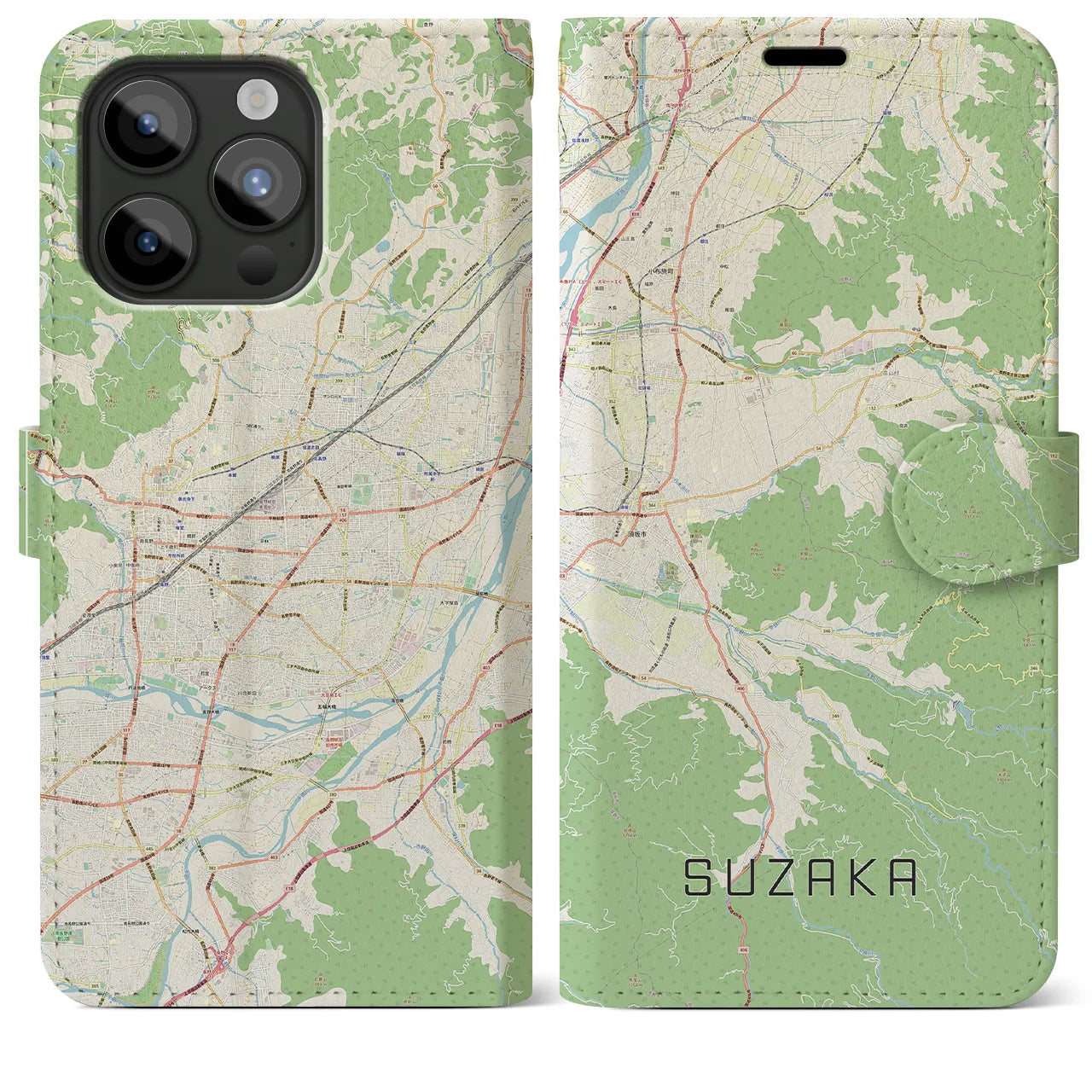 【須坂(長野県)】地図柄iPhoneケース(手帳タイプ)ナチュラル・iPhone 15 Pro Max 用