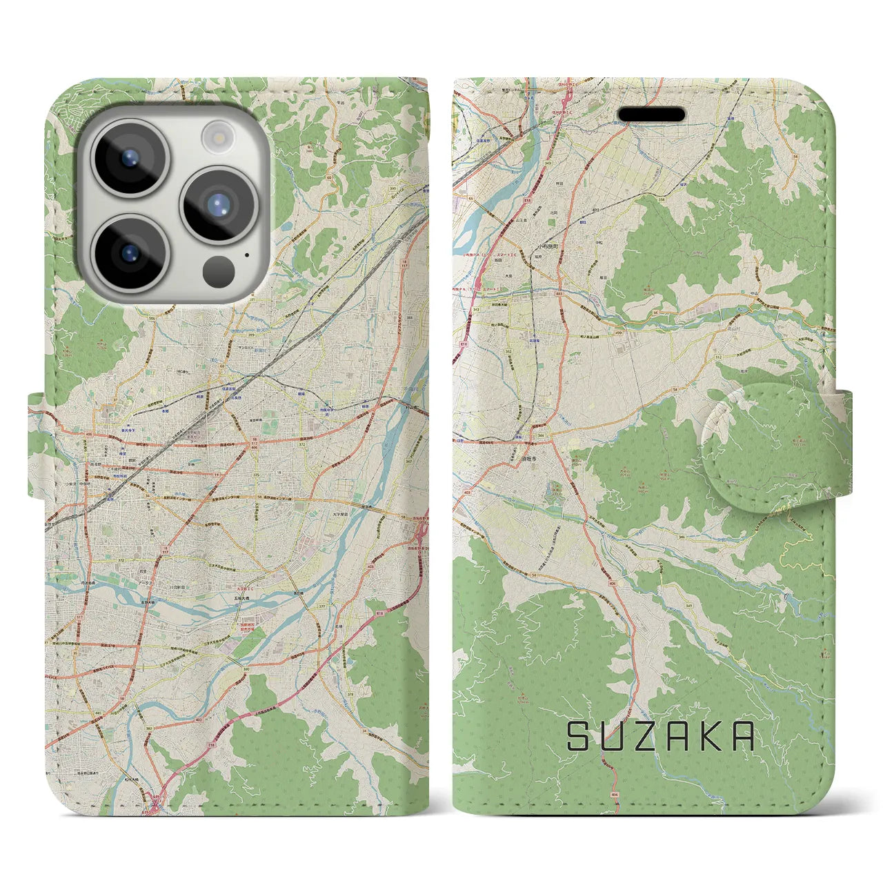 【須坂(長野県)】地図柄iPhoneケース(手帳タイプ)ナチュラル・iPhone 15 Pro 用