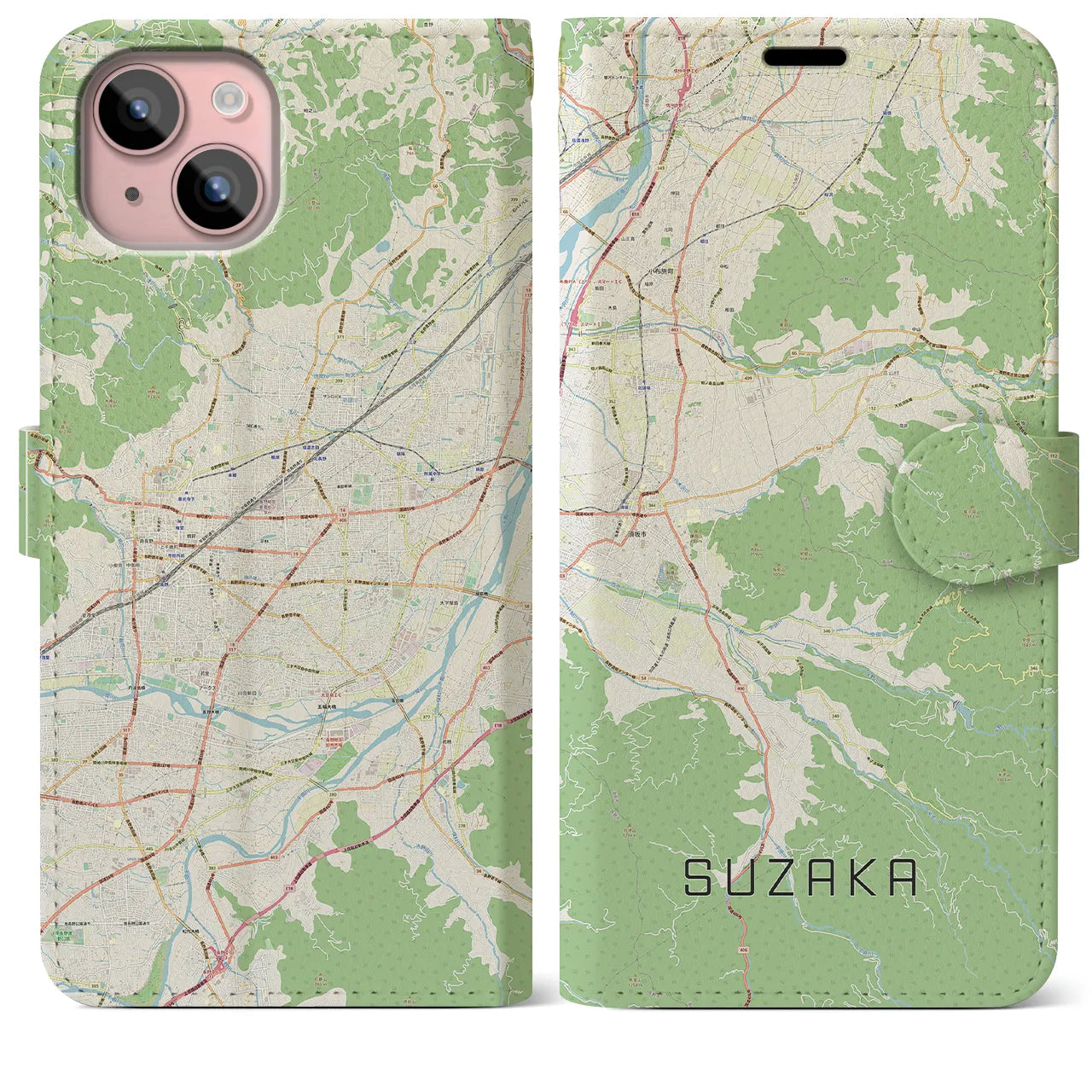 【須坂(長野県)】地図柄iPhoneケース(手帳タイプ)ナチュラル・iPhone 15 Plus 用