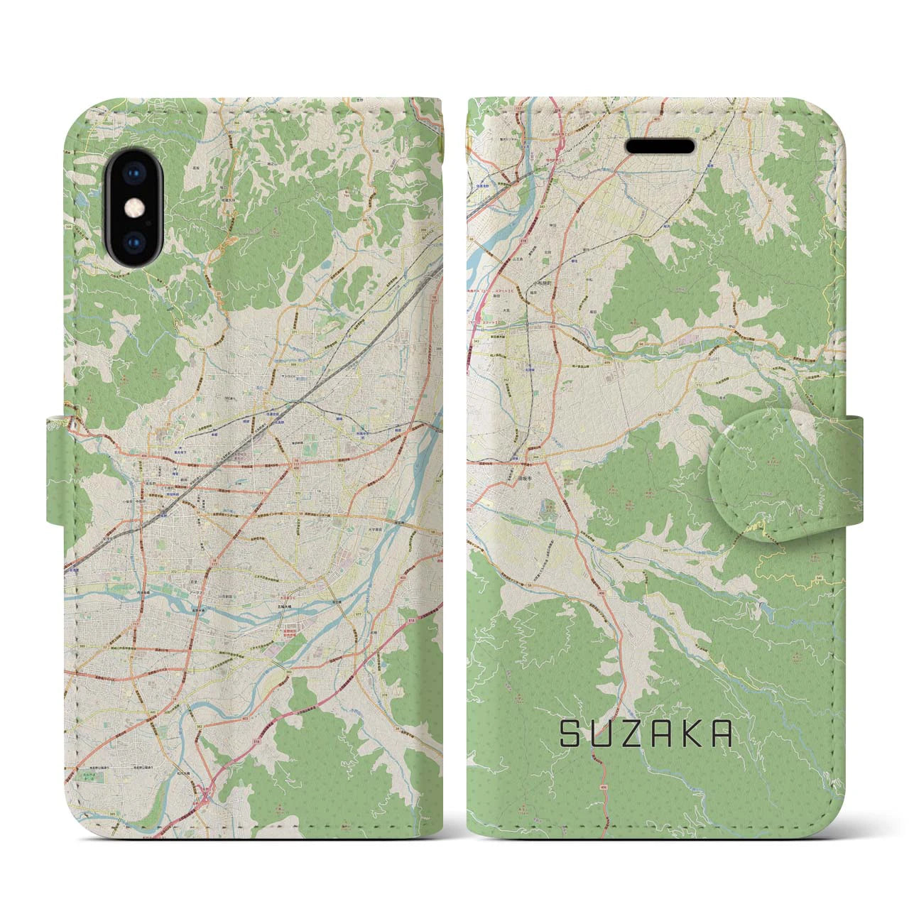 【須坂(長野県)】地図柄iPhoneケース(手帳タイプ)ナチュラル・iPhone XS / X 用