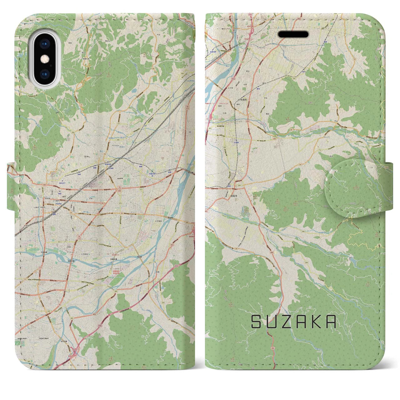 【須坂(長野県)】地図柄iPhoneケース(手帳タイプ)ナチュラル・iPhone XS Max 用