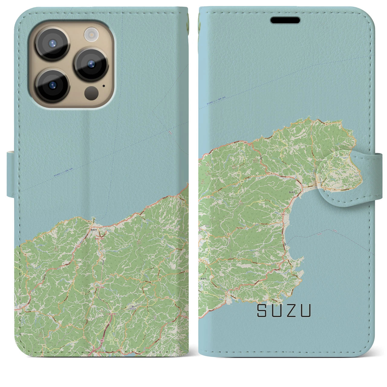 【珠洲(石川県)】地図柄iPhoneケース(手帳タイプ)ナチュラル・iPhone 14 Pro Max 用
