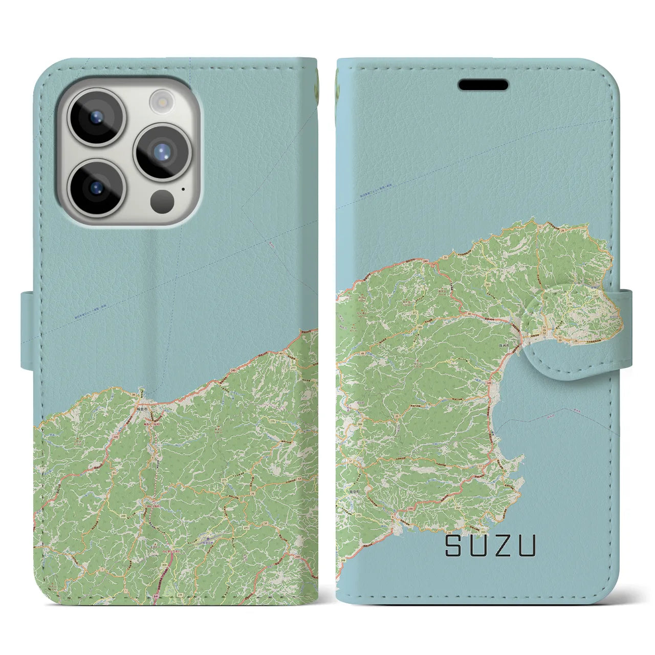 【珠洲(石川県)】地図柄iPhoneケース(手帳タイプ)ナチュラル・iPhone 15 Pro 用