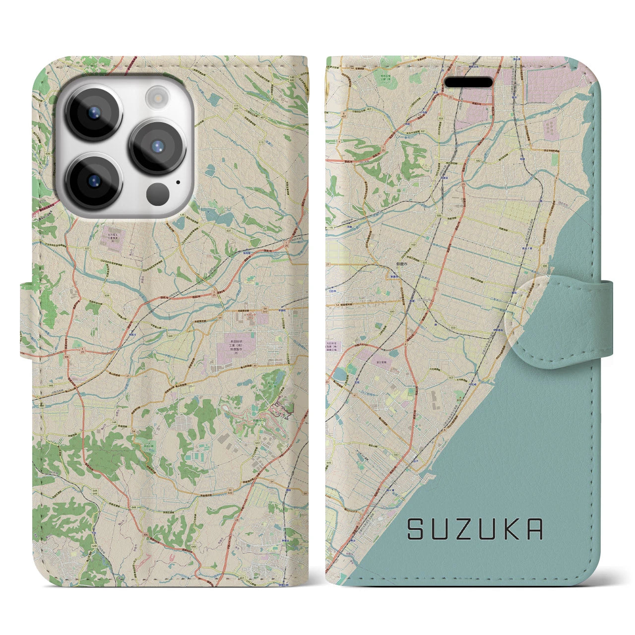 【鈴鹿(三重県)】地図柄iPhoneケース(手帳タイプ)ナチュラル・iPhone 14 Pro 用