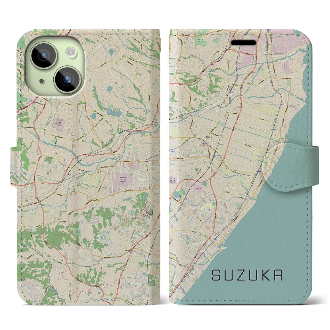 【鈴鹿(三重県)】地図柄iPhoneケース(手帳タイプ)ナチュラル・iPhone 15 用
