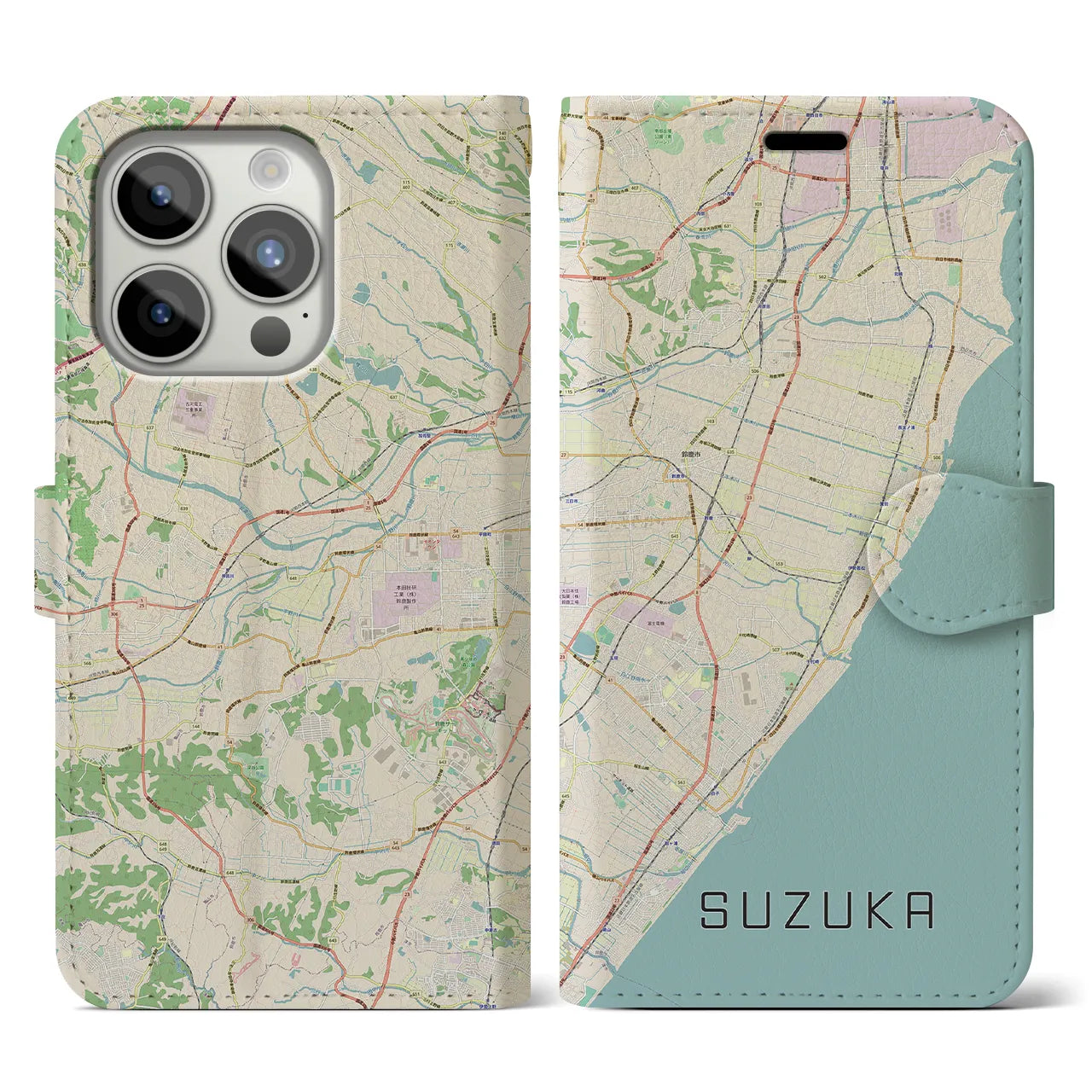 【鈴鹿(三重県)】地図柄iPhoneケース(手帳タイプ)ナチュラル・iPhone 15 Pro 用