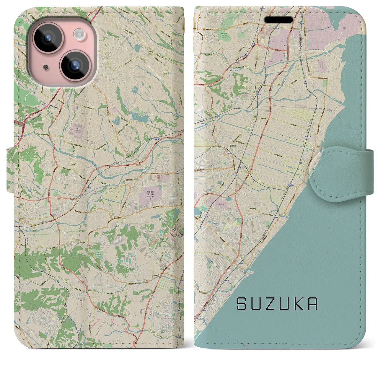 【鈴鹿(三重県)】地図柄iPhoneケース(手帳タイプ)ナチュラル・iPhone 15 Plus 用