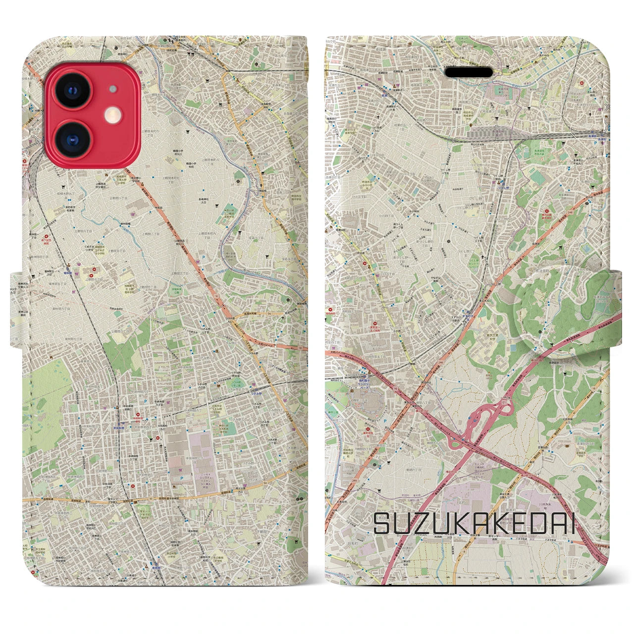 【すずかけ台(東京都)】地図柄iPhoneケース(手帳タイプ)ナチュラル・iPhone 11 用
