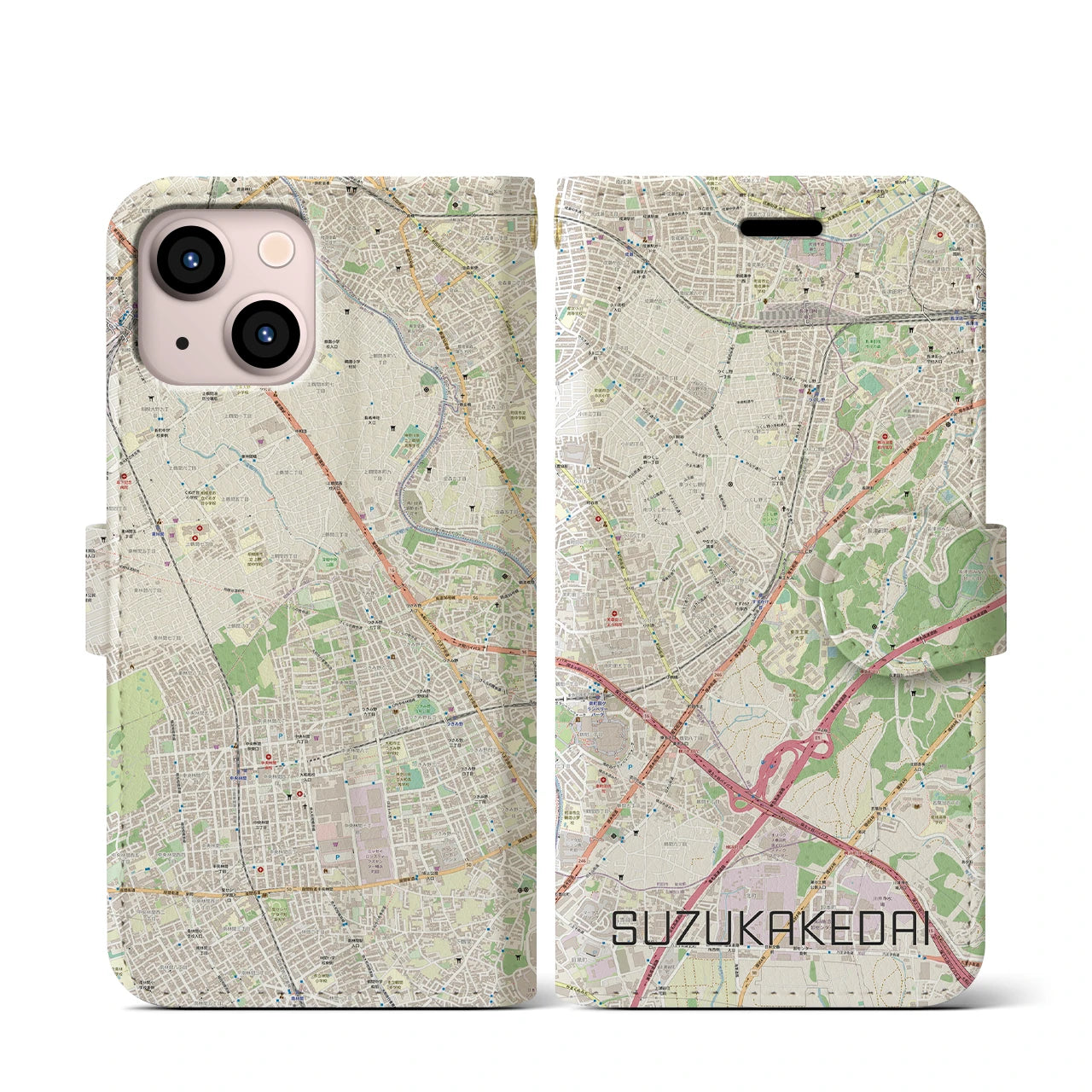 【すずかけ台(東京都)】地図柄iPhoneケース(手帳タイプ)ナチュラル・iPhone 13 mini 用