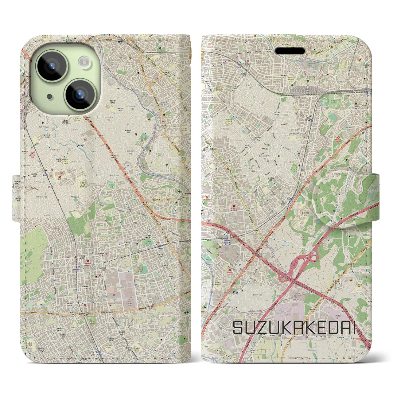 【すずかけ台(東京都)】地図柄iPhoneケース(手帳タイプ)ナチュラル・iPhone 15 用