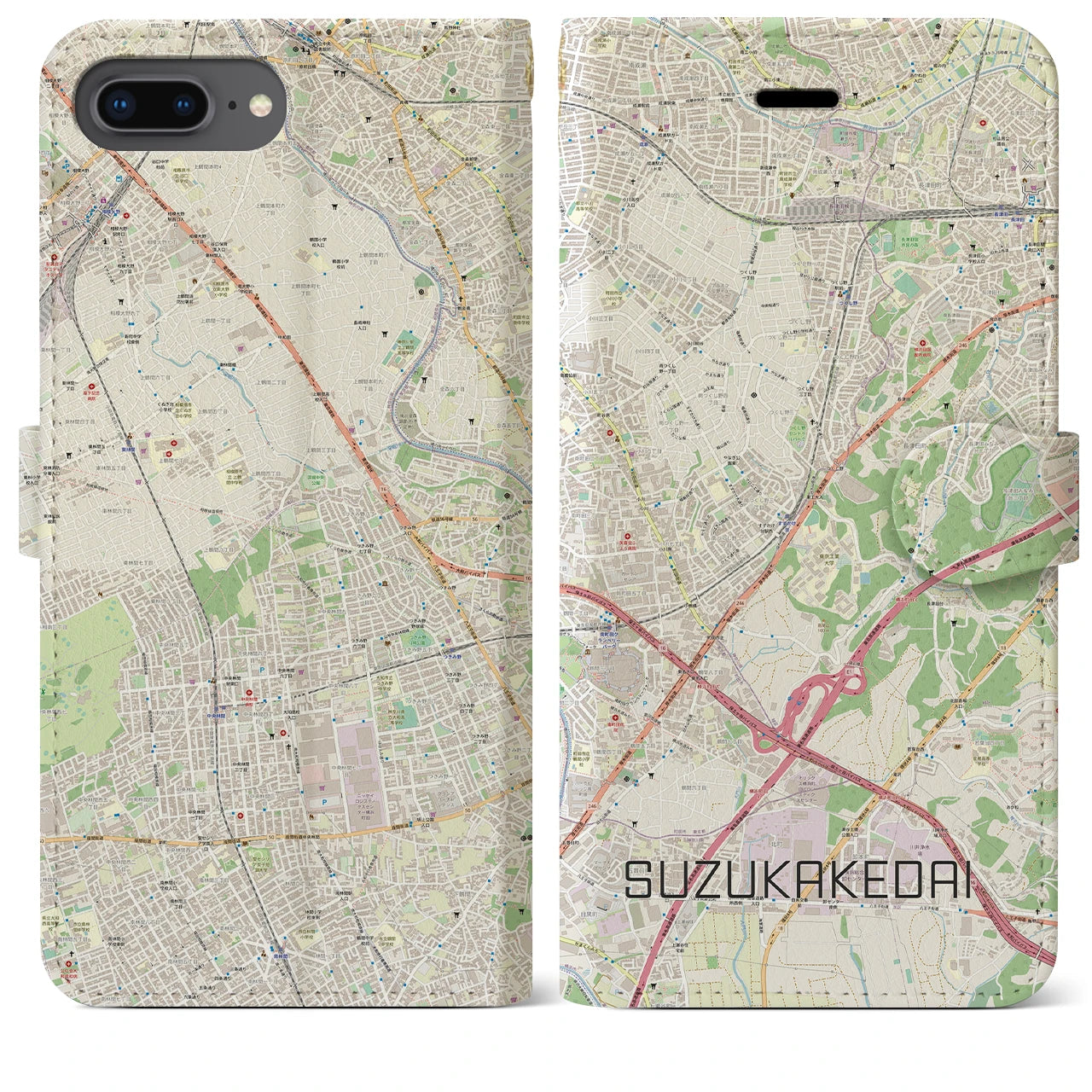 【すずかけ台(東京都)】地図柄iPhoneケース(手帳タイプ)ナチュラル・iPhone 8Plus /7Plus / 6sPlus / 6Plus 用