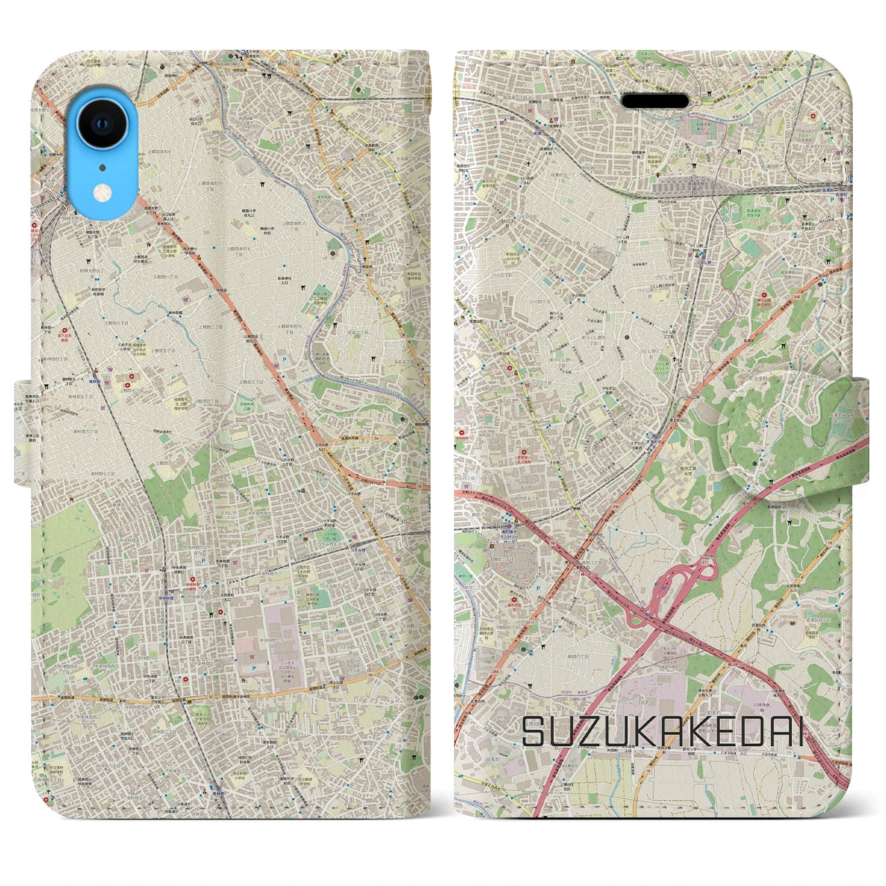 【すずかけ台(東京都)】地図柄iPhoneケース(手帳タイプ)ナチュラル・iPhone XR 用