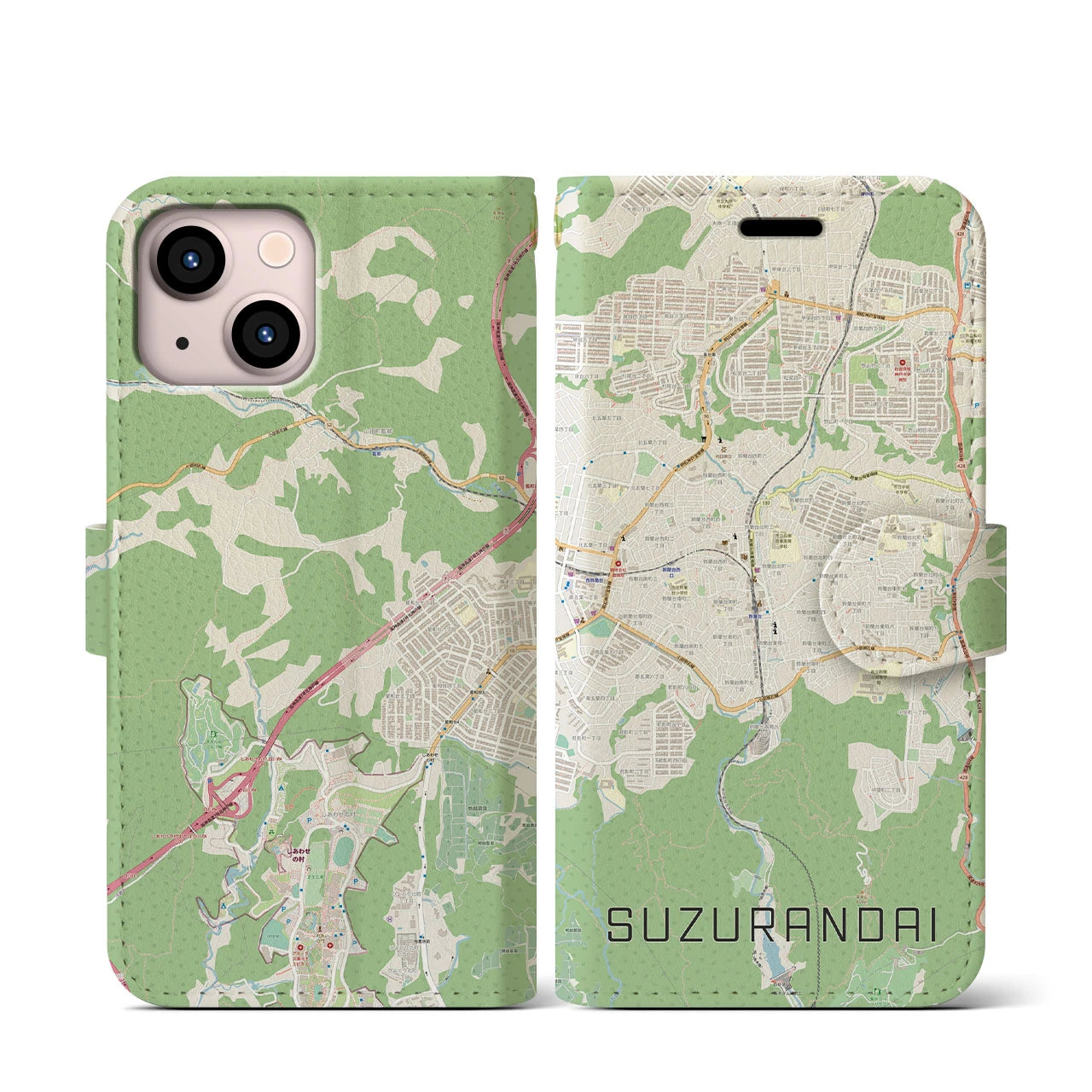 【鈴蘭台(兵庫県)】地図柄iPhoneケース(手帳タイプ)ナチュラル・iPhone 13 mini 用