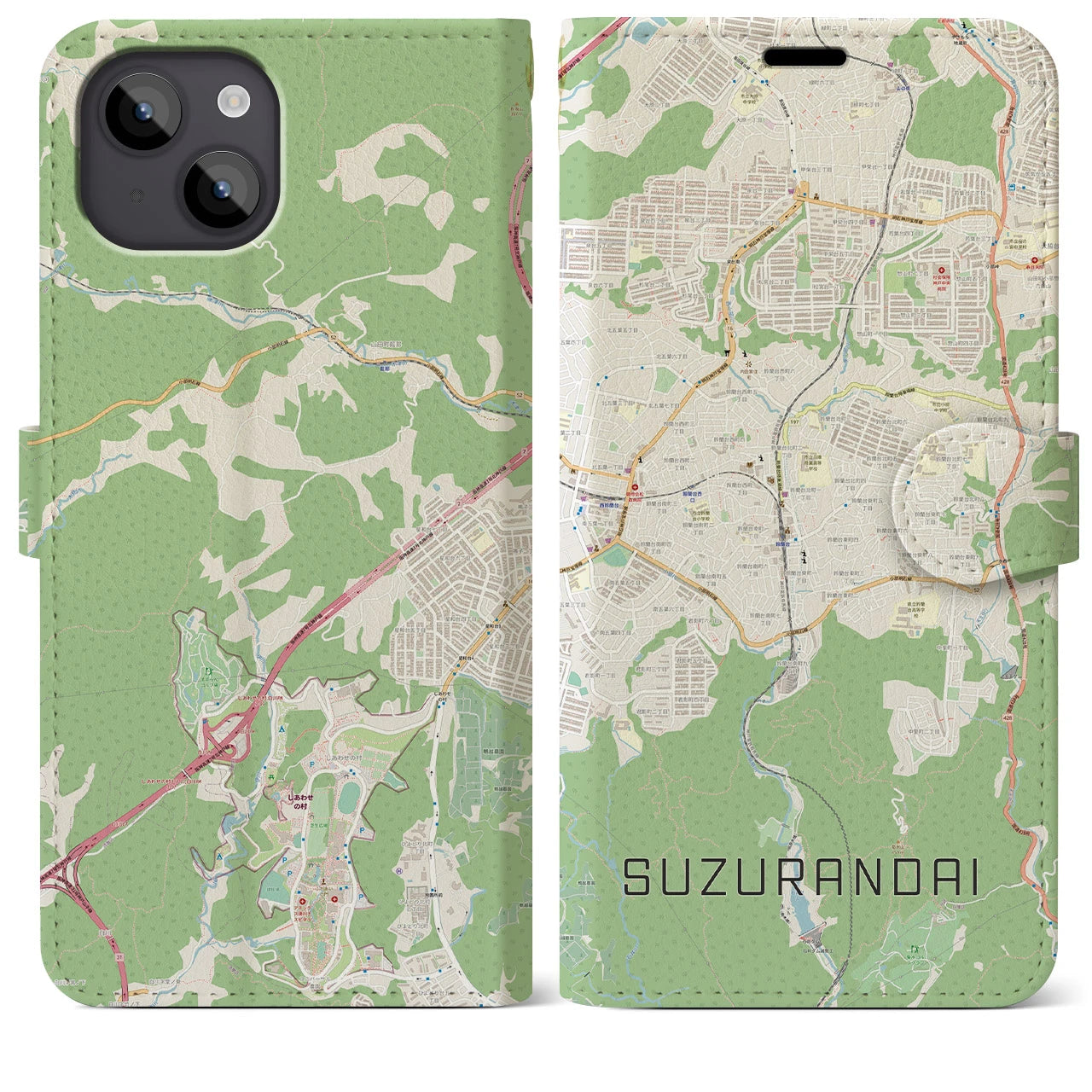 【鈴蘭台(兵庫県)】地図柄iPhoneケース(手帳タイプ)ナチュラル・iPhone 14 Plus 用