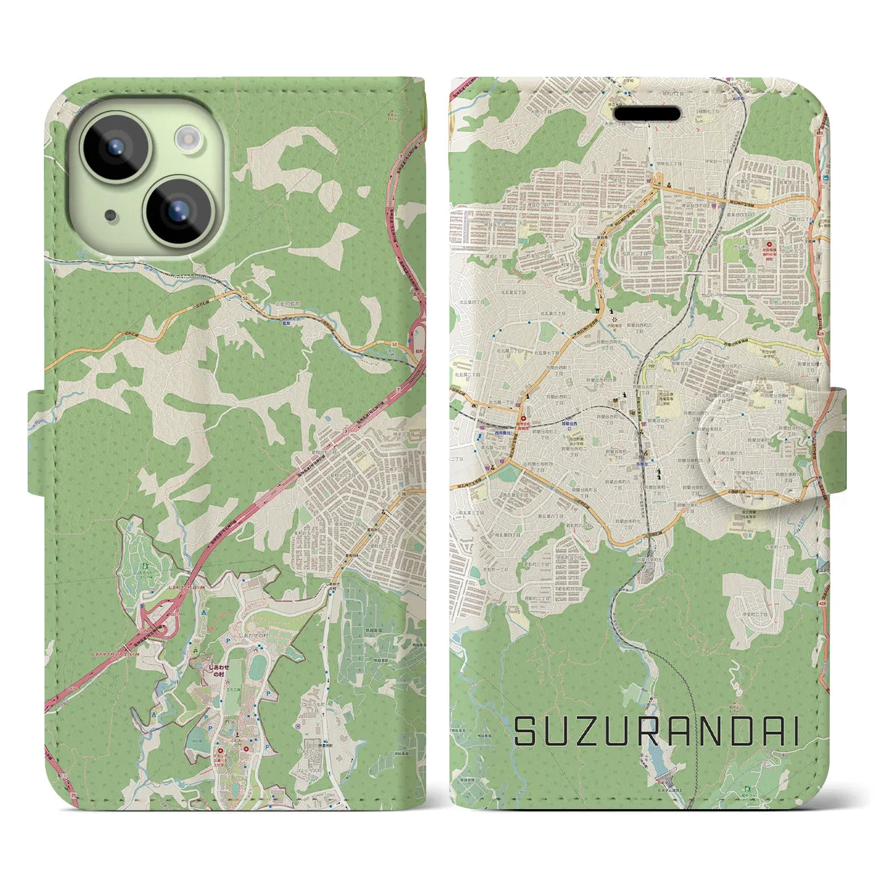 【鈴蘭台(兵庫県)】地図柄iPhoneケース(手帳タイプ)ナチュラル・iPhone 15 用