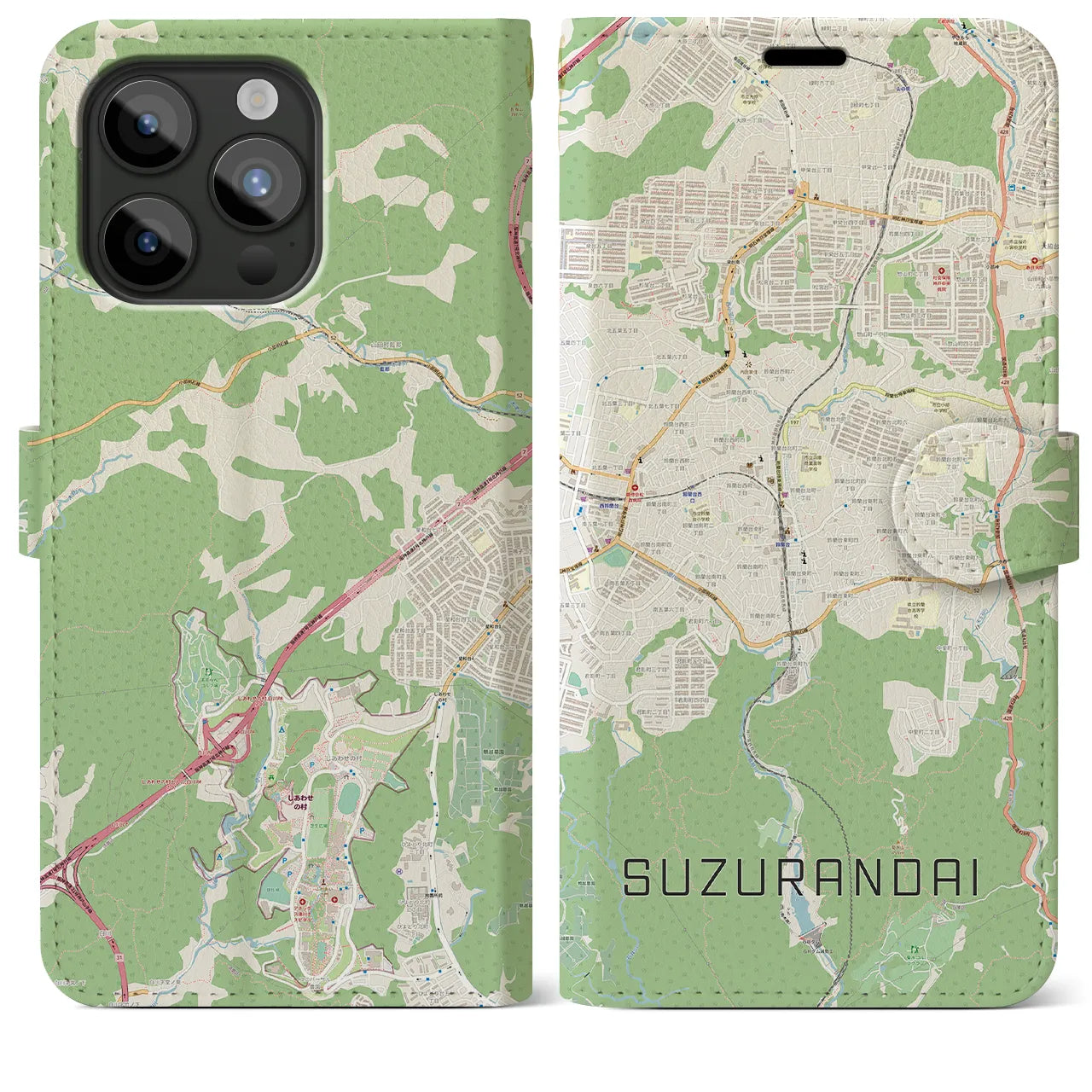 【鈴蘭台(兵庫県)】地図柄iPhoneケース(手帳タイプ)ナチュラル・iPhone 15 Pro Max 用
