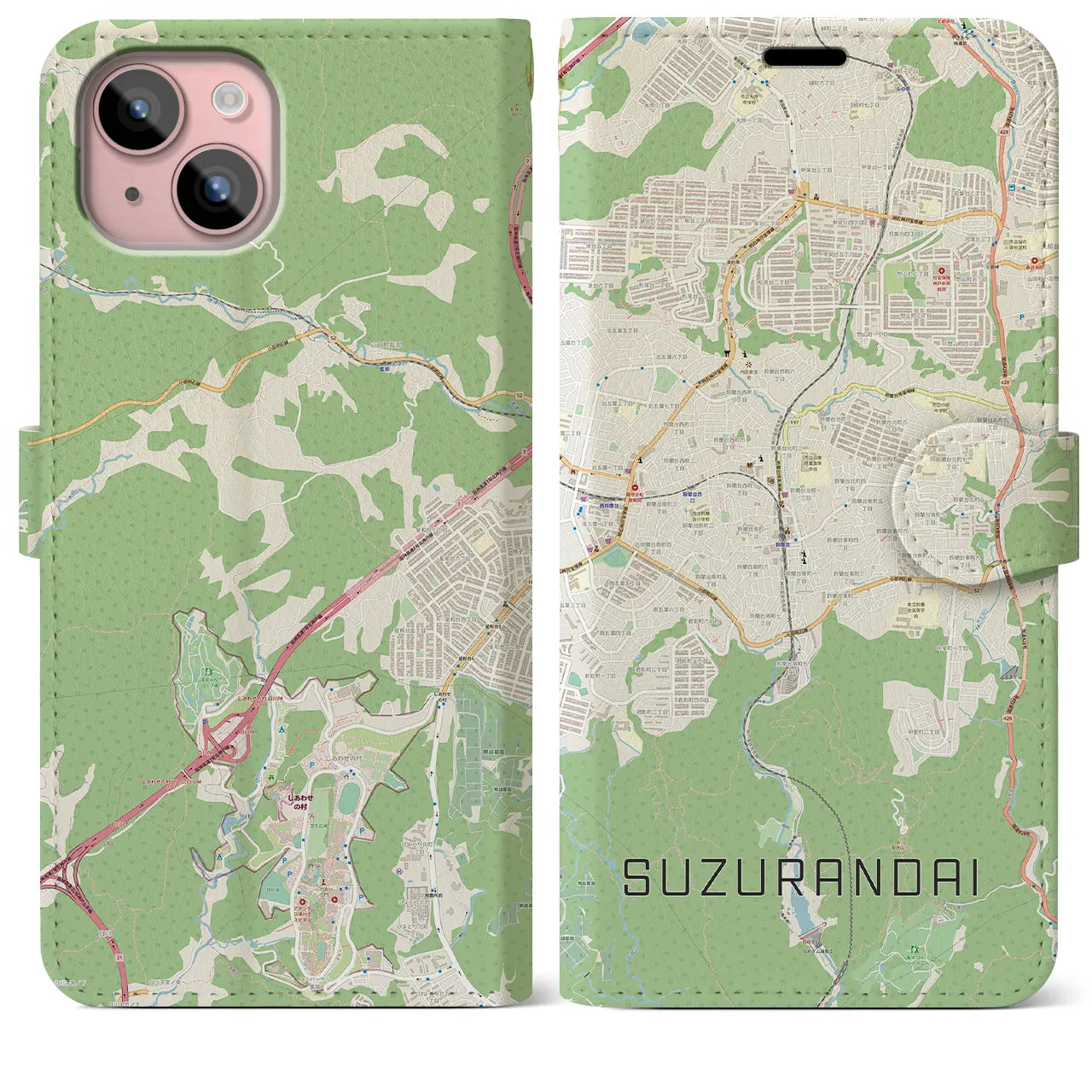 【鈴蘭台(兵庫県)】地図柄iPhoneケース(手帳タイプ)ナチュラル・iPhone 15 Plus 用