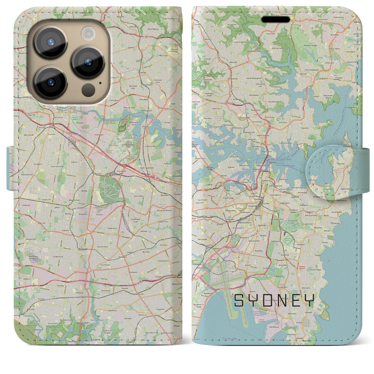【シドニー(オーストラリア)】地図柄iPhoneケース(手帳タイプ)ナチュラル・iPhone 14 Pro Max 用