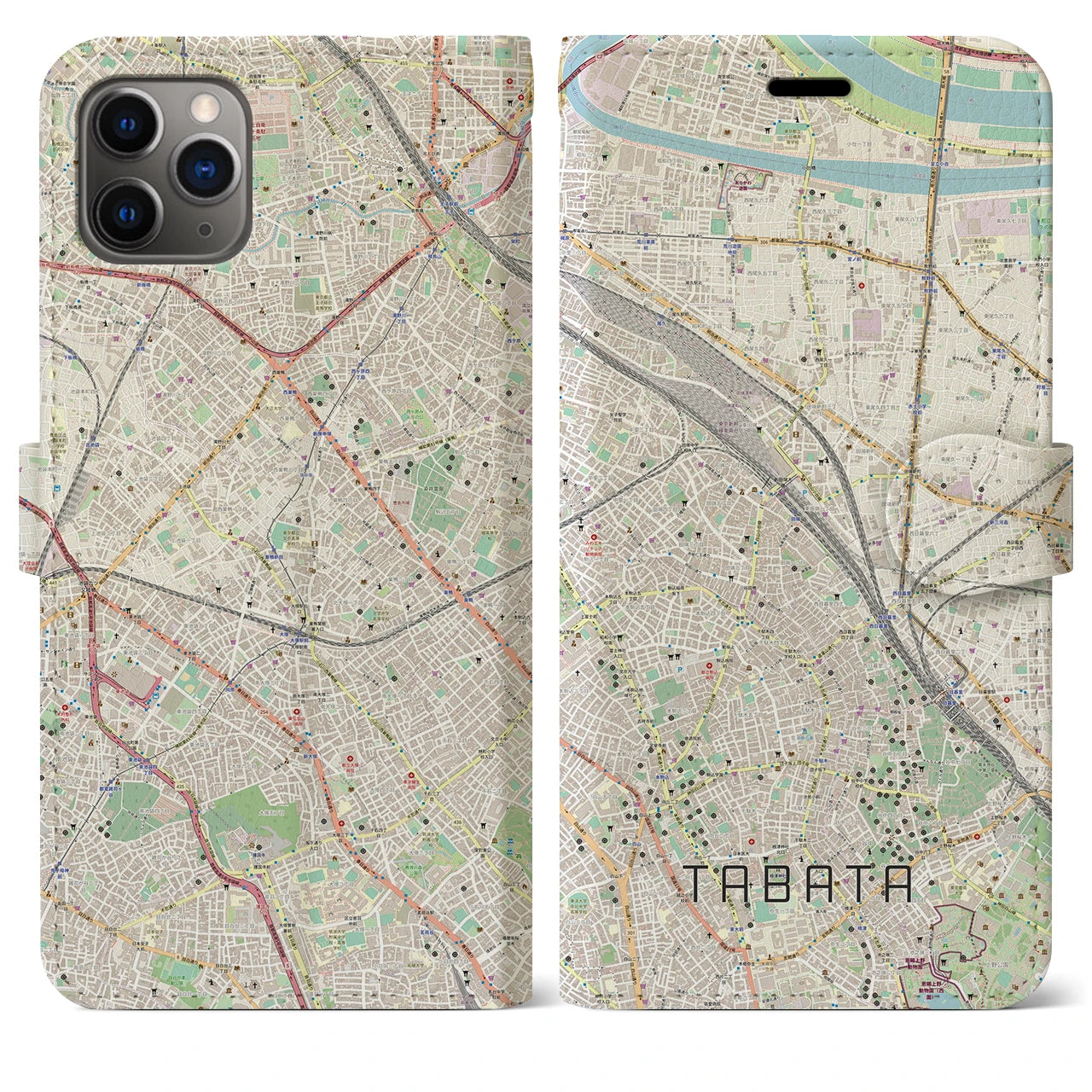 【田端(東京都)】地図柄iPhoneケース(手帳タイプ)ナチュラル・iPhone 11 Pro Max 用