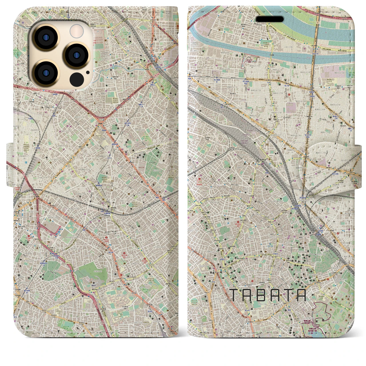 【田端(東京都)】地図柄iPhoneケース(手帳タイプ)ナチュラル・iPhone 12 Pro Max 用