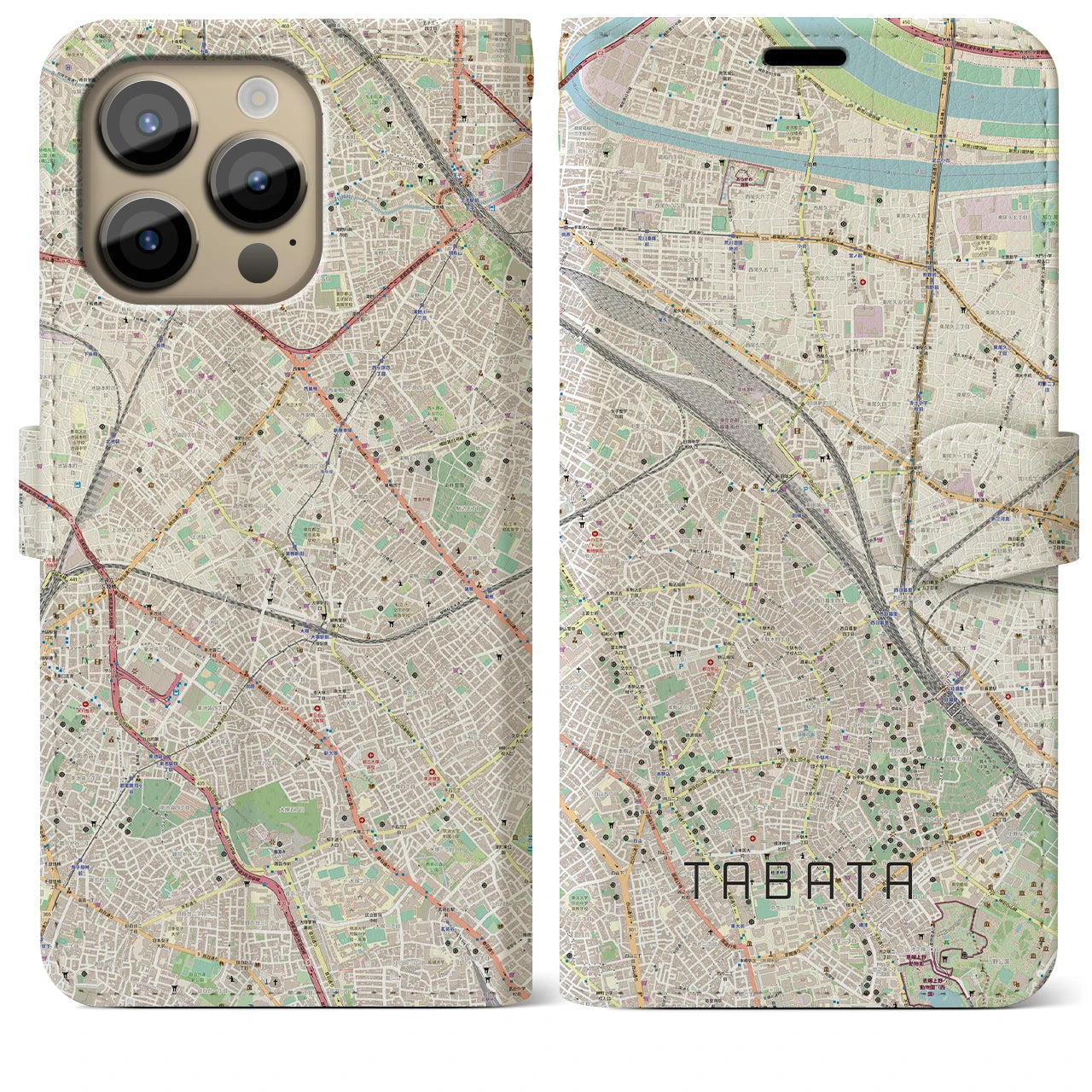 【田端(東京都)】地図柄iPhoneケース(手帳タイプ)ナチュラル・iPhone 14 Pro Max 用