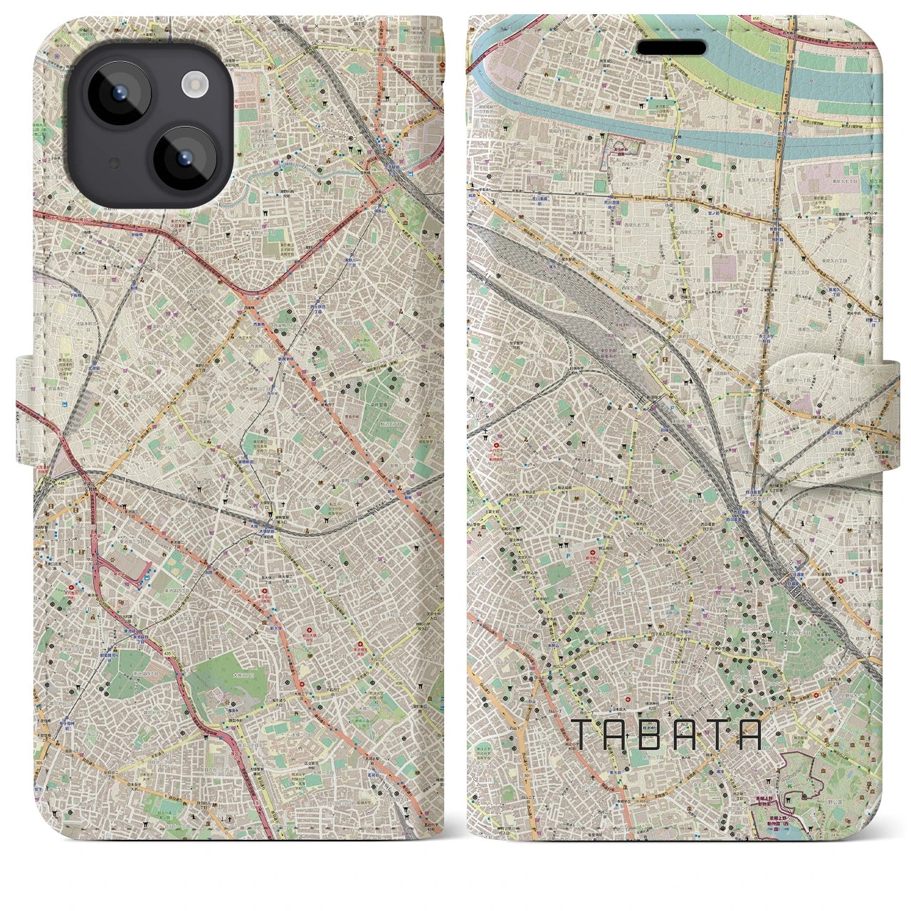 【田端(東京都)】地図柄iPhoneケース(手帳タイプ)ナチュラル・iPhone 14 Plus 用
