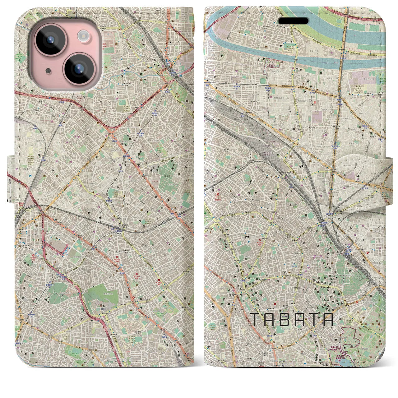 【田端(東京都)】地図柄iPhoneケース(手帳タイプ)ナチュラル・iPhone 15 Plus 用