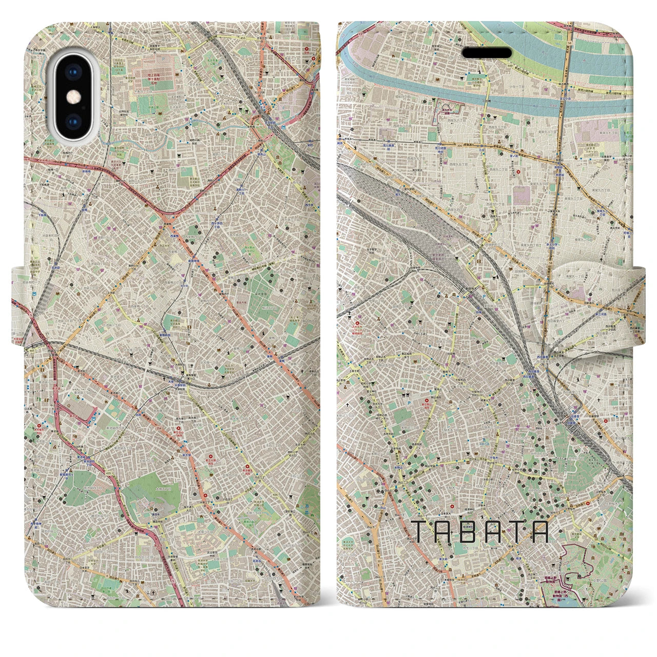 【田端(東京都)】地図柄iPhoneケース(手帳タイプ)ナチュラル・iPhone XS Max 用