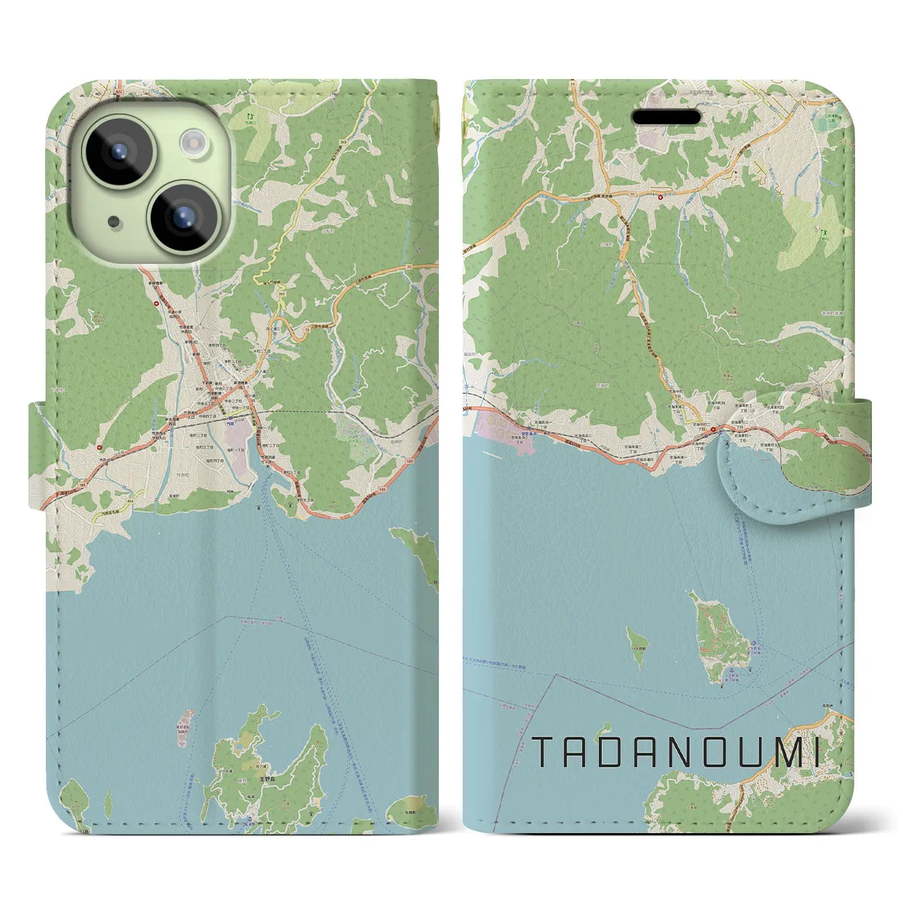 【忠海(広島県)】地図柄iPhoneケース(手帳タイプ)ナチュラル・iPhone 15 用