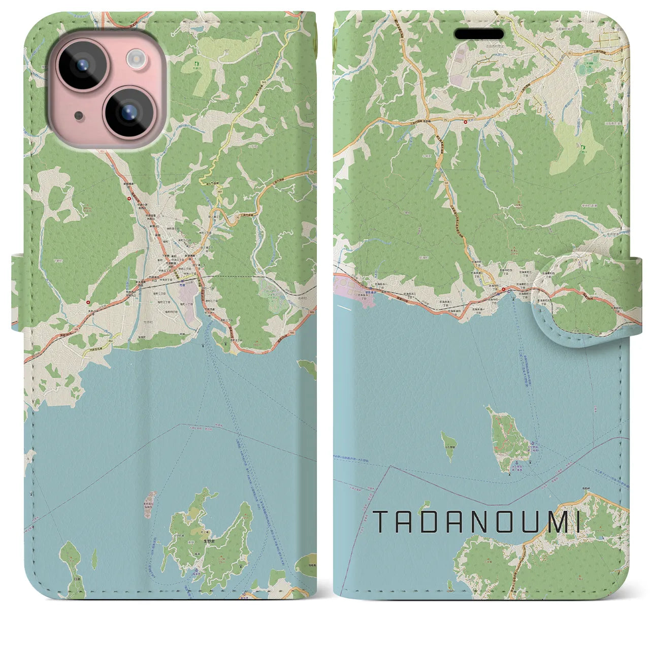 【忠海(広島県)】地図柄iPhoneケース(手帳タイプ)ナチュラル・iPhone 15 Plus 用