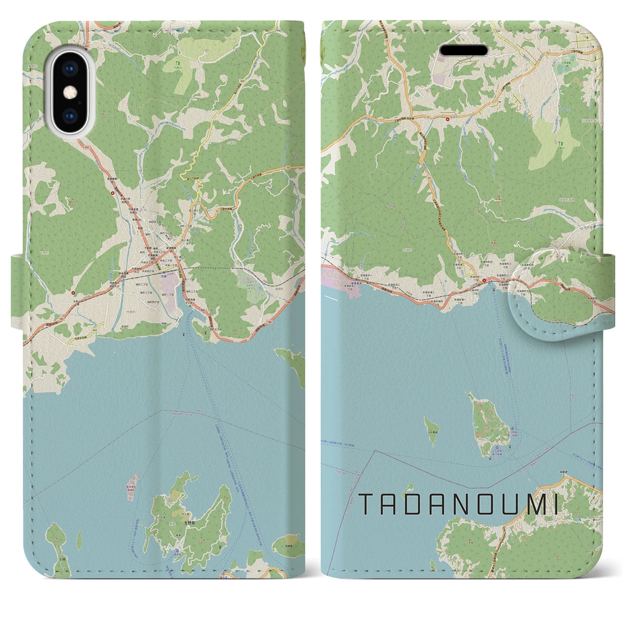 【忠海(広島県)】地図柄iPhoneケース(手帳タイプ)ナチュラル・iPhone XS Max 用