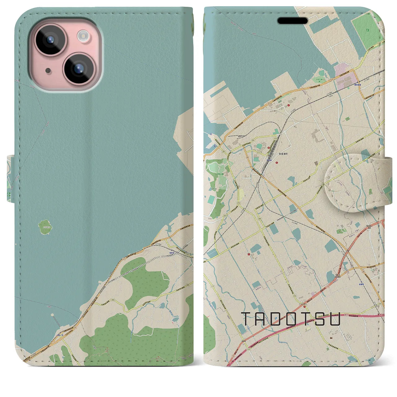 【多度津(香川県)】地図柄iPhoneケース(手帳タイプ)ナチュラル・iPhone 15 Plus 用