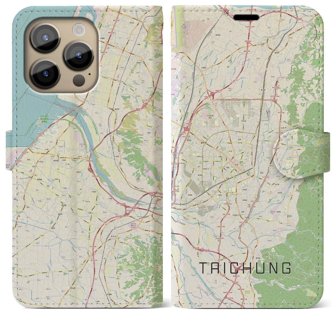 【台中(台湾)】地図柄iPhoneケース(手帳タイプ)ナチュラル・iPhone 14 Pro Max 用