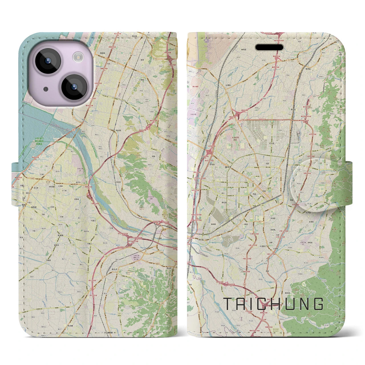 【台中(台湾)】地図柄iPhoneケース(手帳タイプ)ナチュラル・iPhone 14 用
